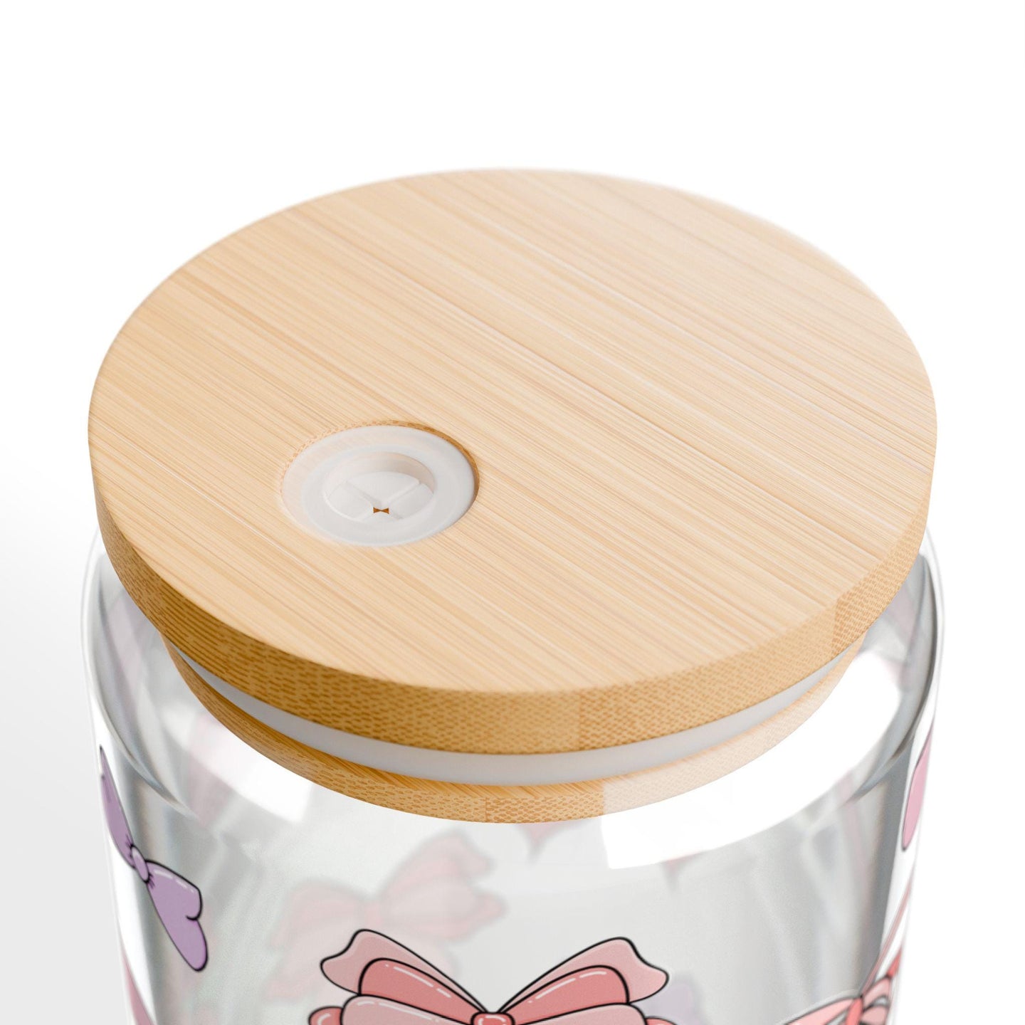 Girly coquette bow glass cup with bamboo lid glass straw, Cute Cup Beer Can Iced Coffee Glass Cup Cute preppy Glass Cup gift for her